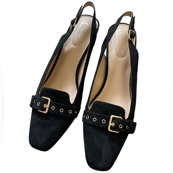 C Comfort Sling Back Faux Suede Leather Shoe, gold buckles, 2-inch heel, Sz 10M - Picture 1 of 8